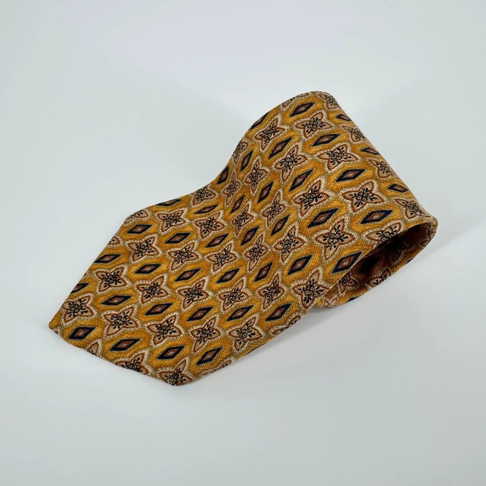 Ermenegildo Zegna 100%‎ Silk Tie Geometric Floral Print Yellow Blue Italy Mens